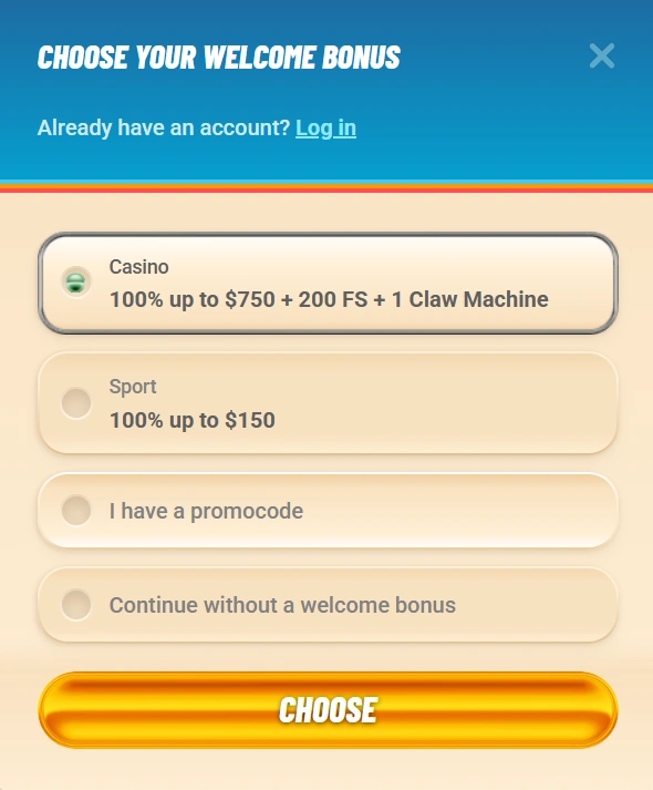 Vegasino Casino registration bonus section 