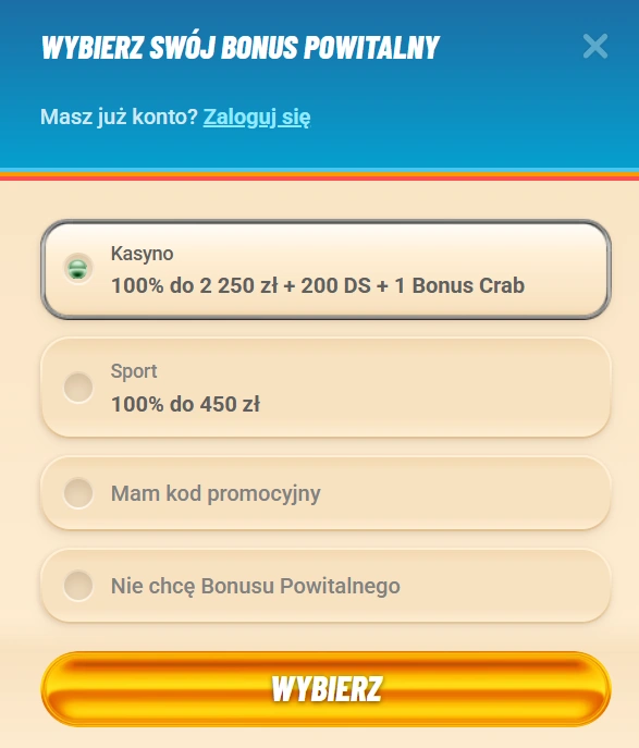 Sekcja bonusów rejestracyjnych Vegasino Casino