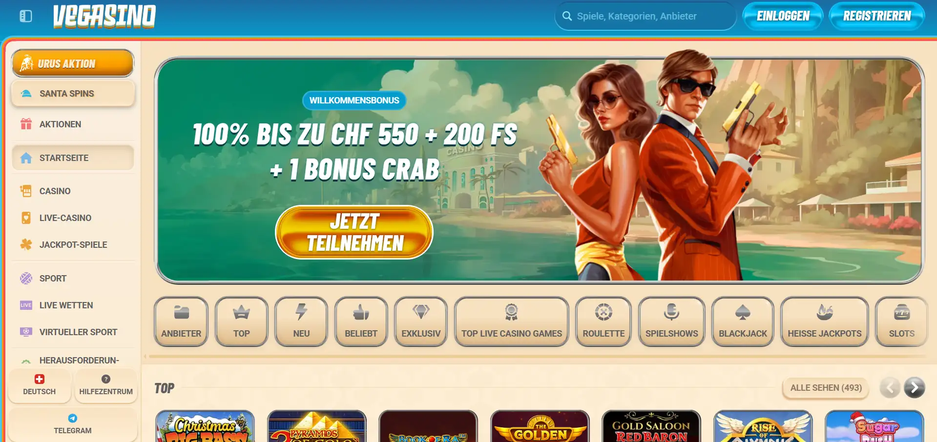 Vegasino Casino Menübereich