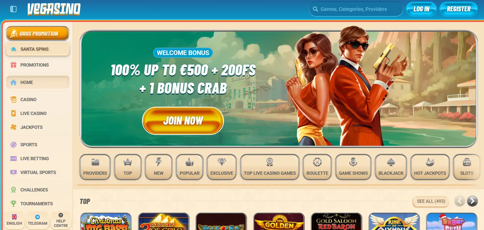 Vegasino Casino menu section
