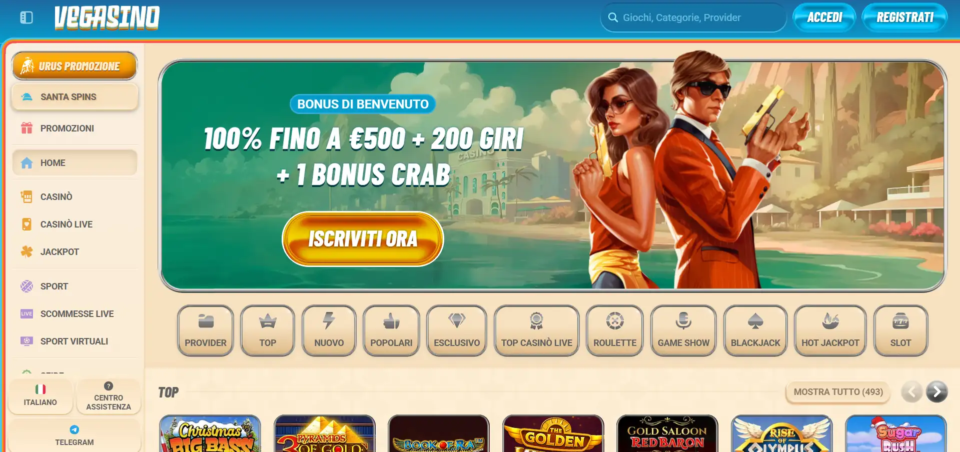 Sezione menu di Vegasino Casino 