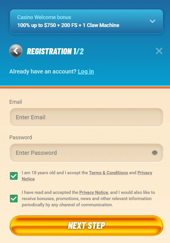 Vegasino Casino registration section 