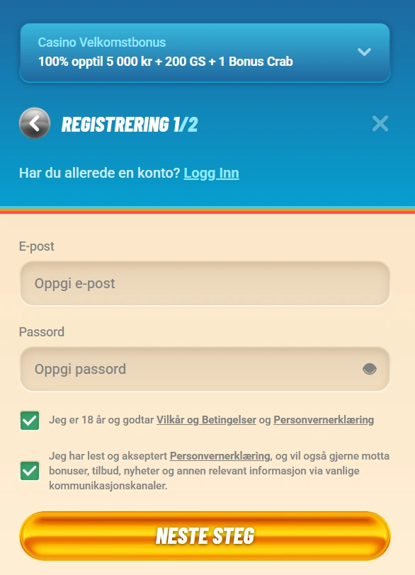 Vegasino Casino registreringsseksjon