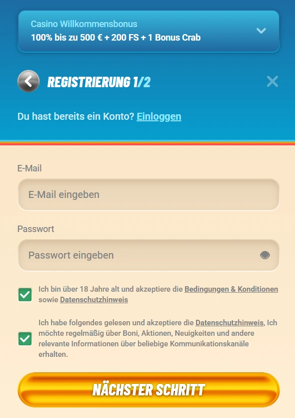 Vegasino Casino Registrierungsbereich