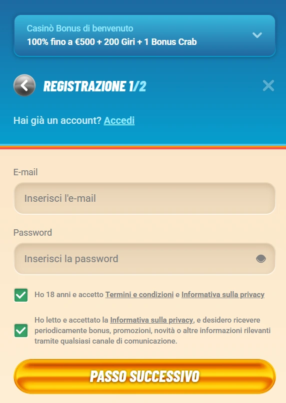 Sezione registrazione di Vegasino Casino